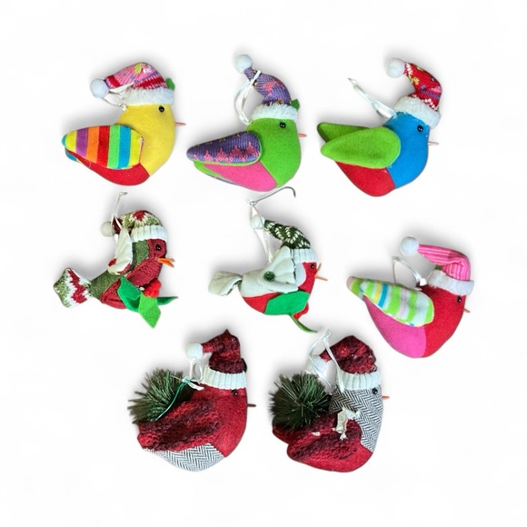 Colorful Holiday Fabric Puffed Bird Ornaments Eight - Picture 1 of 11